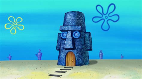 Squidward's house is a peculiar place with a lot of interesting rooms, such as a living room, a kitchen, a dining room, a gallery, and a library. It also has a spiral staircase, an elevator, and a jacuzzi tub. The house has different designs and features depending on the story, and it has been damaged by SpongeBob and Patrick. 